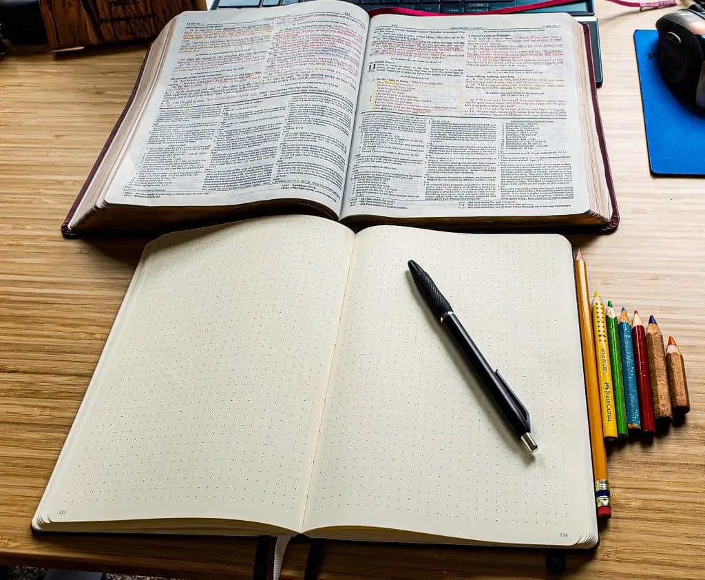 An open Bible and an open empty journal below it. Next to the journal are several color pencils.