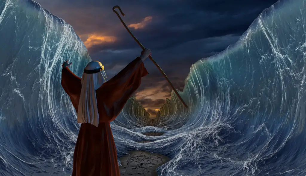 Part of biblical narrative - escape Israelites. Big waves as open ocean under the dramatic sky as one man stands in the forground raising bouth his arms with a rod in his right hand. 3D render illustration.