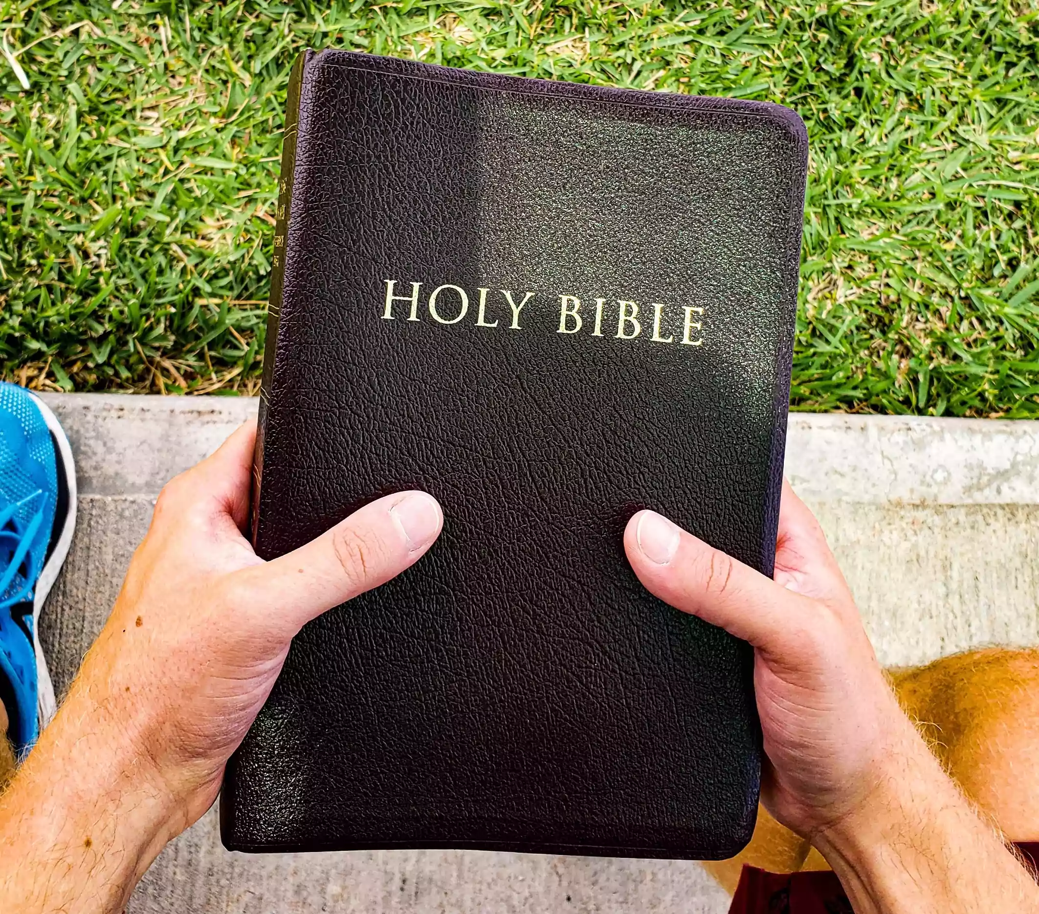 A Bible in the center of the Picture being held with two hands by a sitting person.