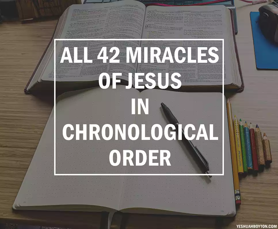 Bible and Journal in the background on a desk. in the foreground it says in white ink All 42 miracles of Jesus in chronological order.