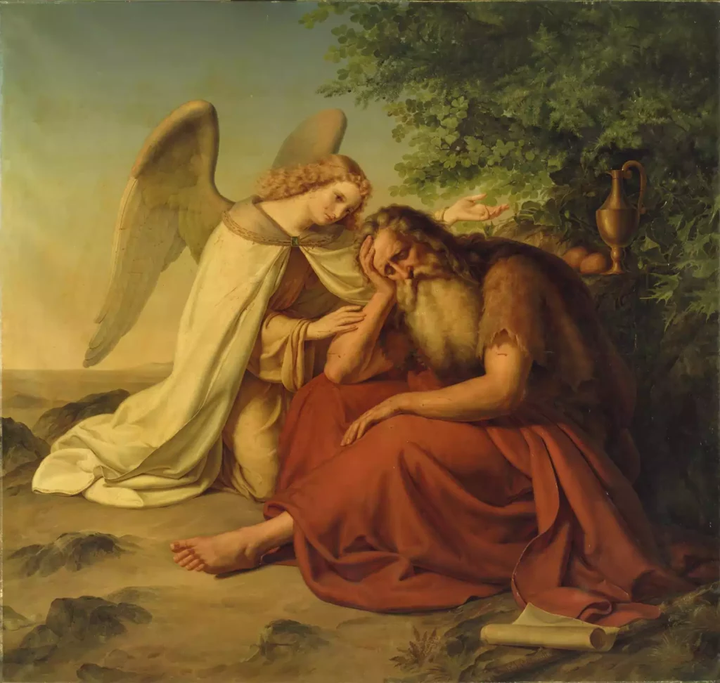 Berendt's Painting of an Angel is stooping down to Elijah the Prophet.
